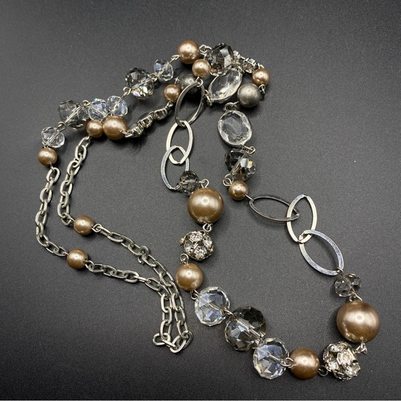 Glass Beads Necklace Silver Tone Chain Faceted Rhinestones - Picture 4 of 8